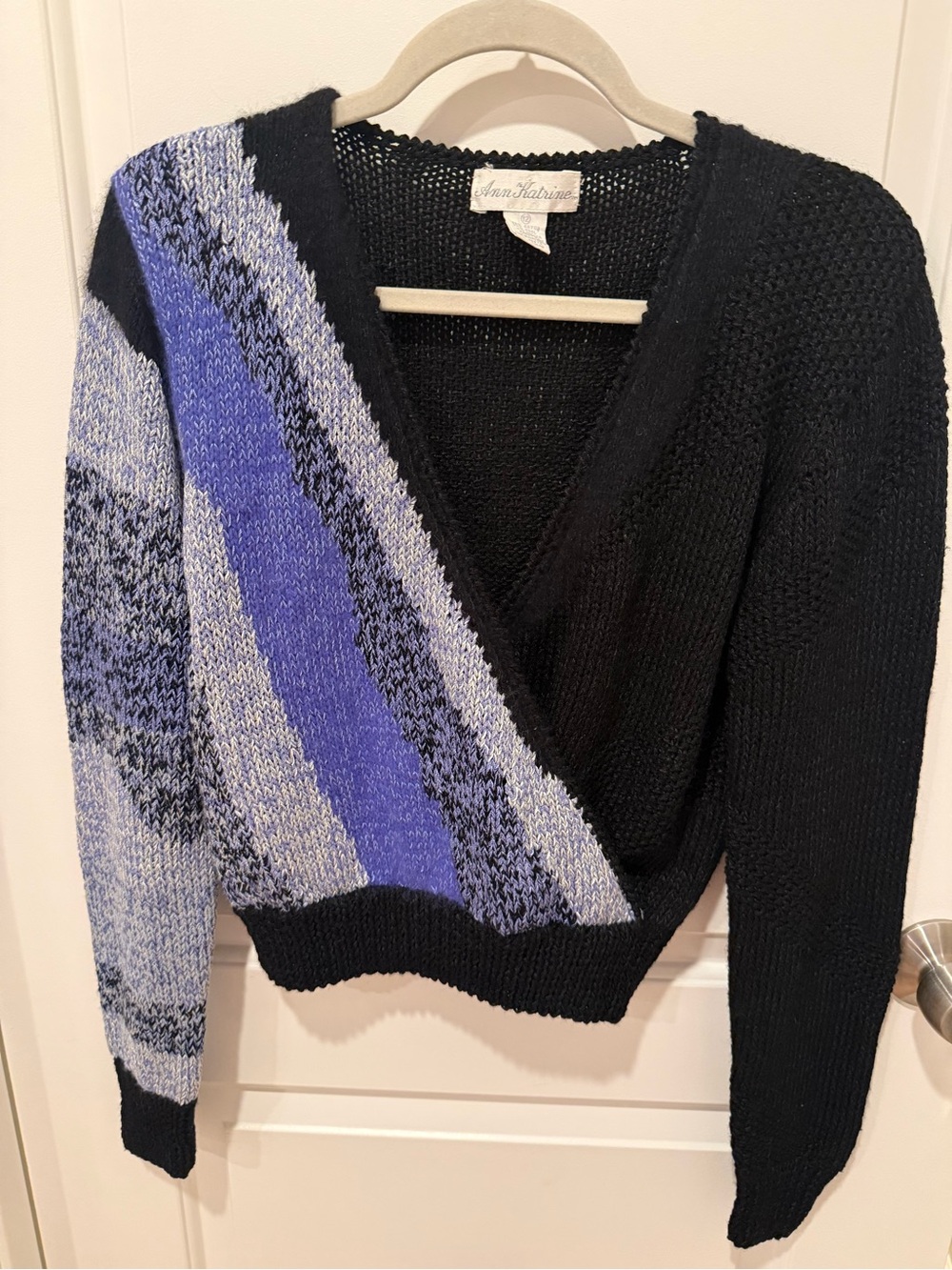Black and Periwinkle Wrap-Style Sweater